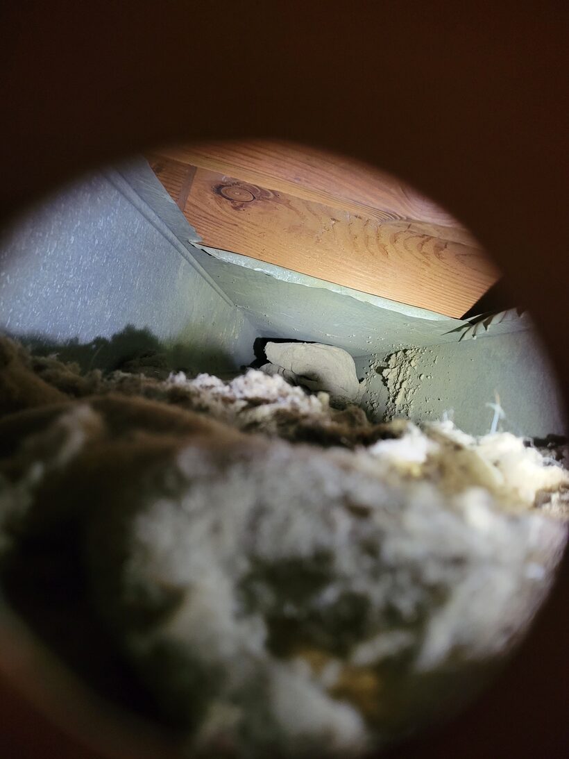 Inside a home air duct before cleaning, clogged with thick dust and debris